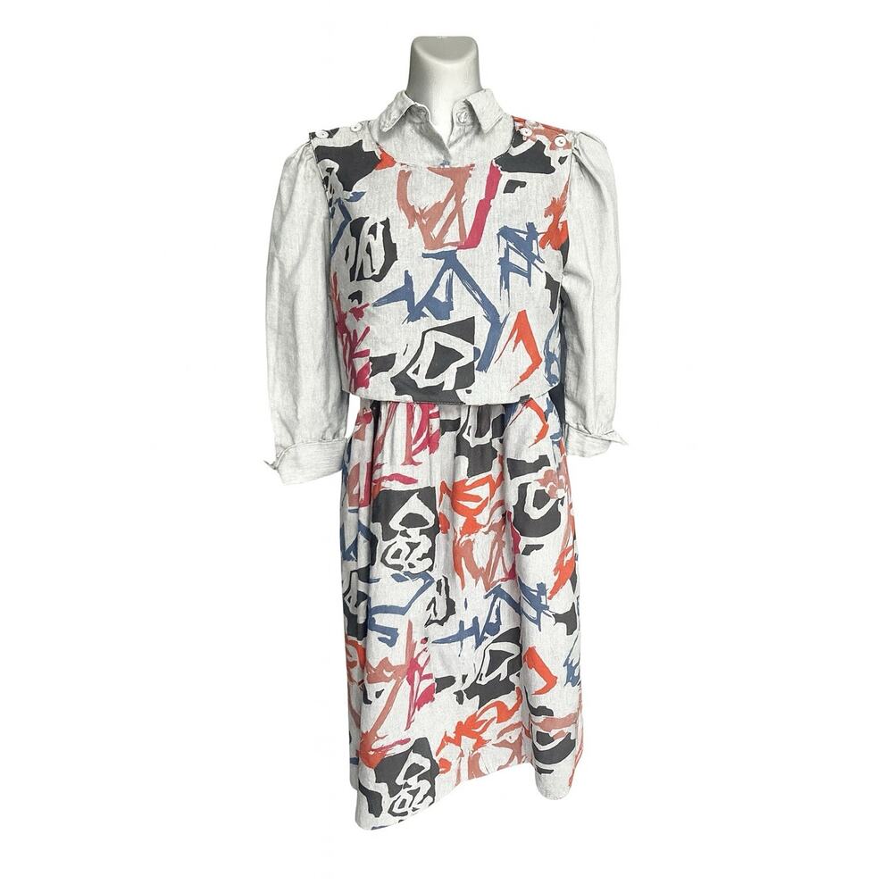 Vintage 80s Jenni Sport Dress Set 9/10 USA Abstract Print Artsy Secretary